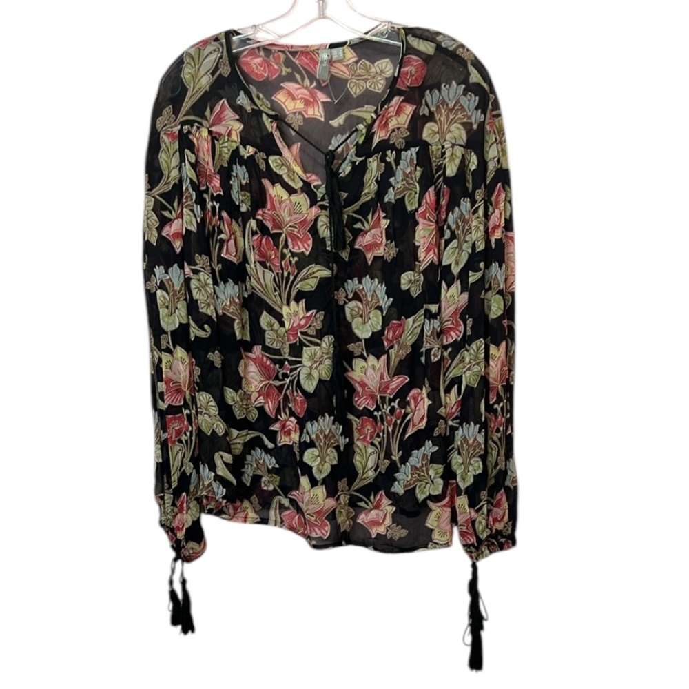 ASOS Black Floral Long-Sleeve Blouse with Tassel Ties